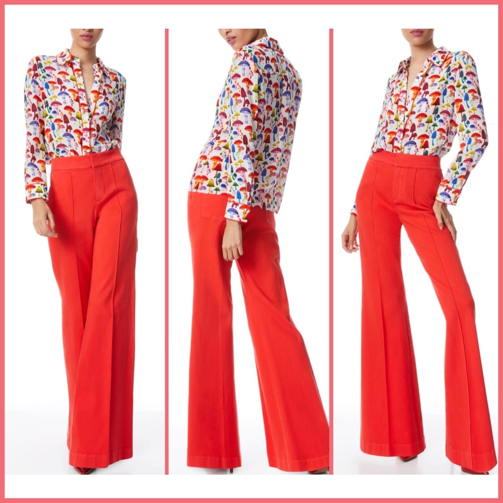 Alice + Olivia Willa Multicolored Mushroom Print Piped Placket Top - Picture 6 of 13